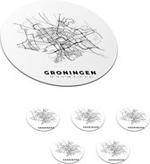 Onderzetters voor glazen - Rond - Plattegrond – Groningen – Zwart Wit – Stadskaart - Nederland - Kaart - 10x10 cm - Glasonderzetters - 6 stuks