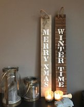 Historisch hout bord Merry xmas & “Winter time”- Tekstbord - Hoogte 78 cm - 2stuks - set