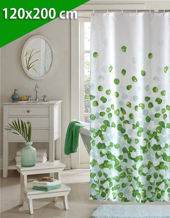 Douchegordijn 120x200 cm (Small) - Met Ophangringen - Makkelijk te Bevestigen - Waterdicht - Polyester - Sneldrogend en Anti Schimmel - Wasbaar en Duurzaam - Green Petals