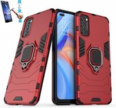 Oppo Reno 4 5G Robuust Kickstand Shockproof Rood Cover Case Hoesje - 1 x Tempered Glass Screenprotector ATBL