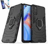 Oppo Reno 4 5G Robuust Kickstand Shockproof Zwart Cover Case Hoesje - 1 x Tempered Glass Screenprotector ATBL