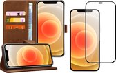 Hoesje geschikt voor iPhone 12 mini - case bruin book cover leer wallet + Screen protector glas tempered glass screenprotector full screen