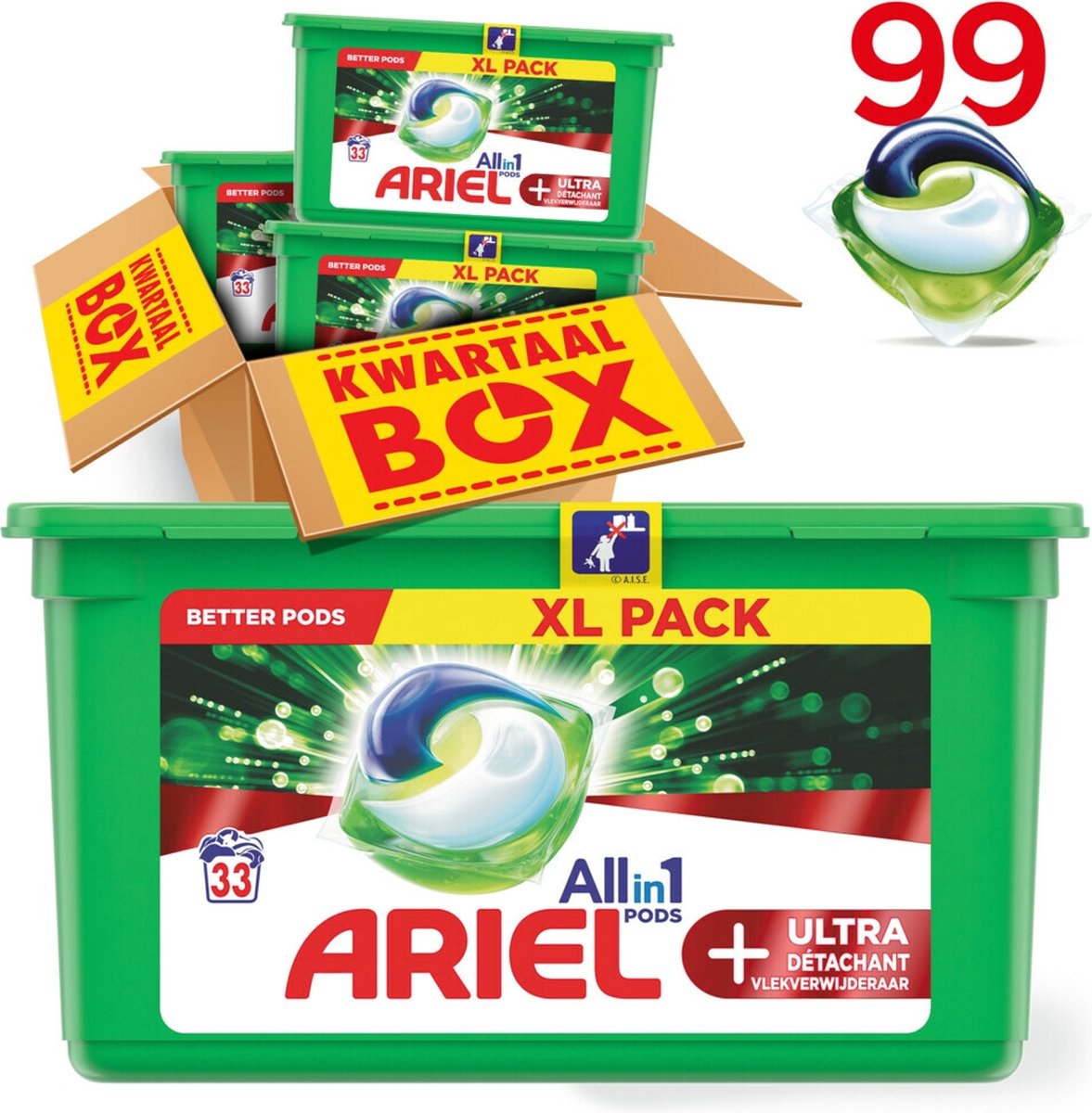 Doses Ariel 3 en 1 Touch Of Lenor - Boîte trimestrielle 3 x 32 lavages -  Doses de