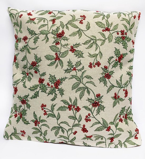 Kussenhoes - luxe gobelinstof - Christmas Berries - Hulst - All over - Kerst - 45 cm - goud glitterdraad