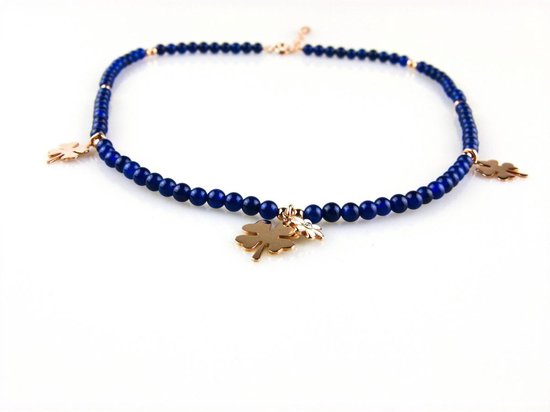 collier modèle Zita perles bleues et trèfles argentés plaqué or rose