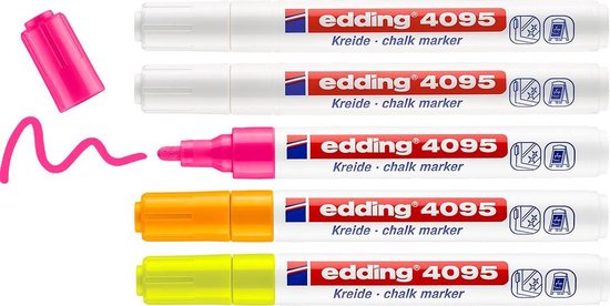 edding Krijtstiften 4095 - 4 kleuren krijtmarkers - 5 stuks - Ronde punt - Schrijfbreedte van 2-3 mm - krijtstift voor borden, uitwisbaar - voor het schrijven op ruiten, glas, spiegels - bordstift met dekkende kleuren
