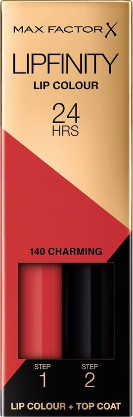 Max Factor Lipfinity verpakking met rode en zwarte tinten. "24 HRS LIP COLOUR" en "140 CHARMING"