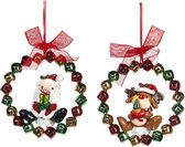 Viv! Christmas Kerstornament - Ring van belletjes met kerstman / rendier - set van 2 - goud rood groen - 10cm