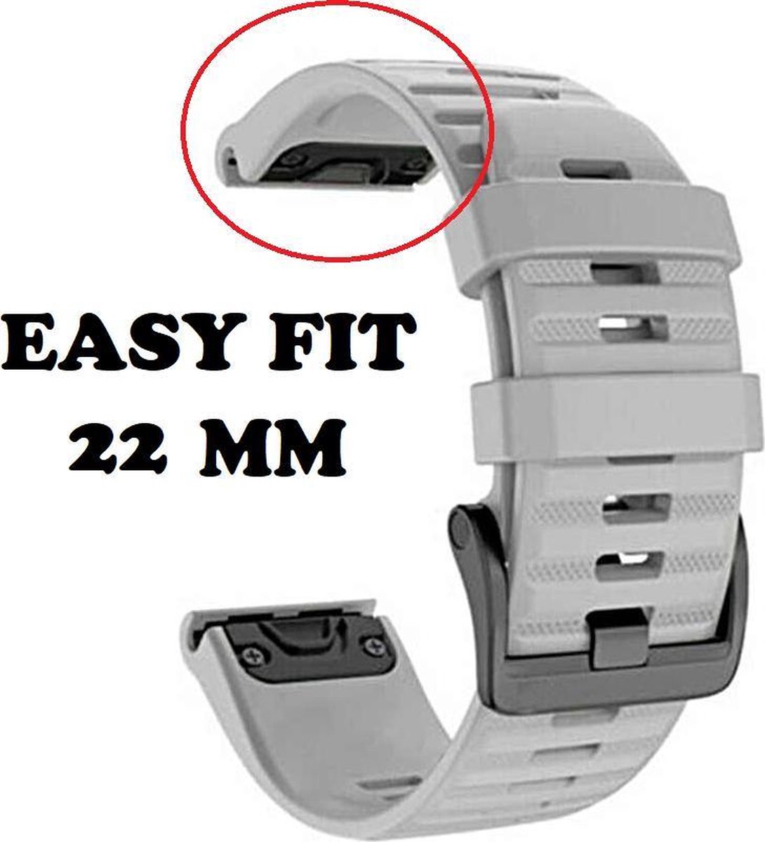 Firsttee - Siliconen Horlogeband - EASY FIT - Voor GARMIN - GRIJS - 22 MM - Horlogebandjes - Sporthorloge - Easy Click - Garmin - S60 - S62 - Fenix 5 - Forerunner 935 - Fenix 6 (Pro) - Horloge bandje - Golfkleding - Golf accessoires - Cadeau