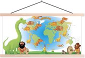 Textielposter - Wereldkaart Kinderen - Dinosaurus - Vulkaan - 150x75 cm - Schoolplaat - Textiel poster