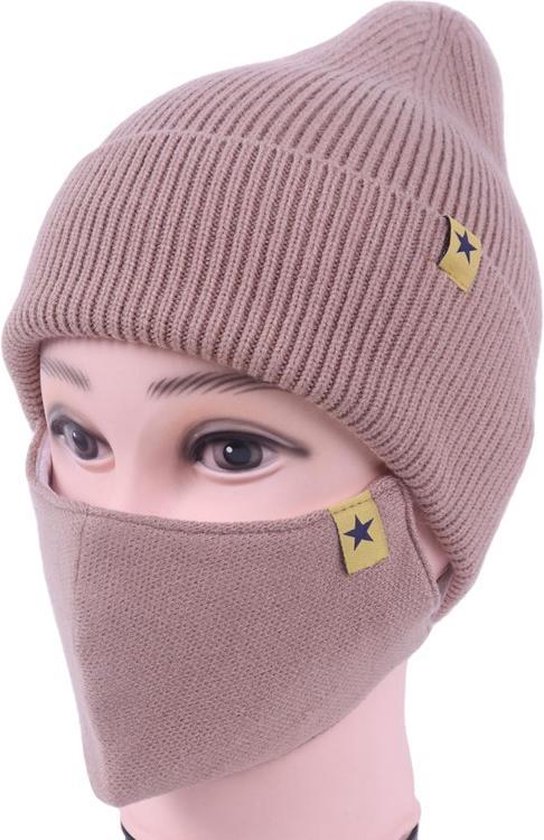 Muts met bijpassend mondkapje taupe/oud roze | bol.com