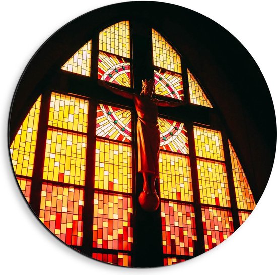 Dibond Wandcirkel - Glas in Lood Raam met Jezus  in Kerk - 40x40cm Foto op Aluminium Wandcirkel (met ophangsysteem)