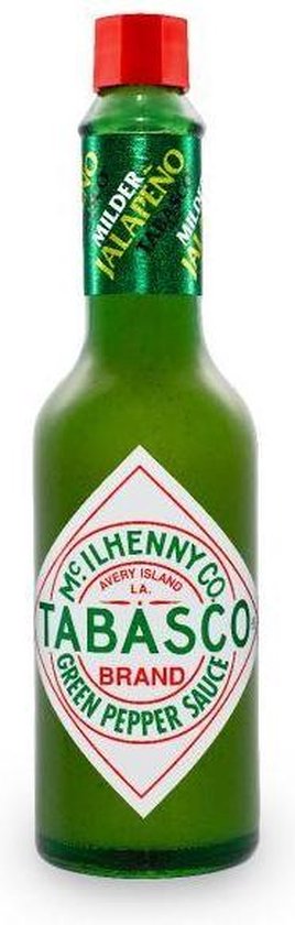 Groene Tabasco fles met rode dop. Groen etiket met 'Tabasco Brand Green Pepper Sauce'.