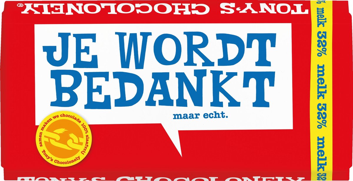 Tony's Chocolonely Melk - Zeg 't met een reep "Bedankt"- Chocoladereep - 180 gram