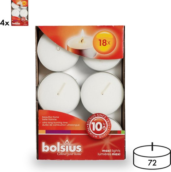 Bolsius - 72 Maxi Waxinelichtjes - Theelichtjes - Wit - 10 branduren - Grootverpakking - Voordeelverpakking