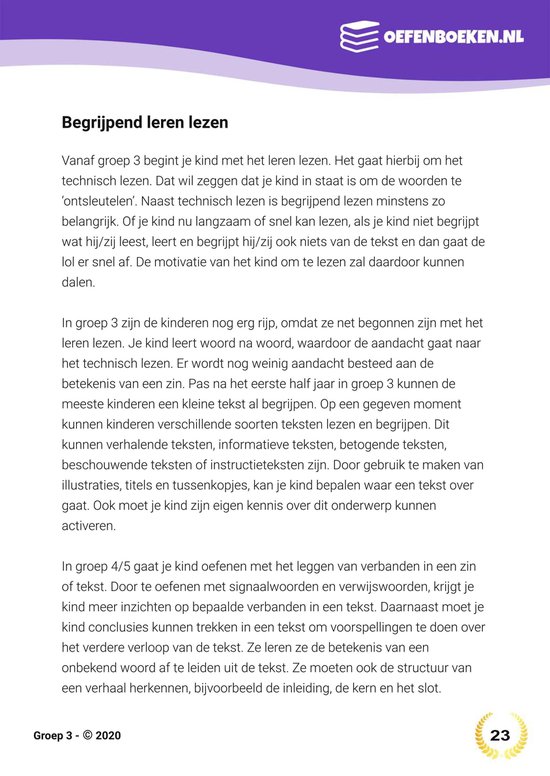 Bladzijde uit een oefenboek met tekst over begrijpend lezen voor groep 3, 4 en 5.