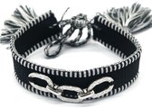 Stoffen Armband Dames - RVS Schakel - Lengte Verstelbaar - Zwart en Zilverkleurig