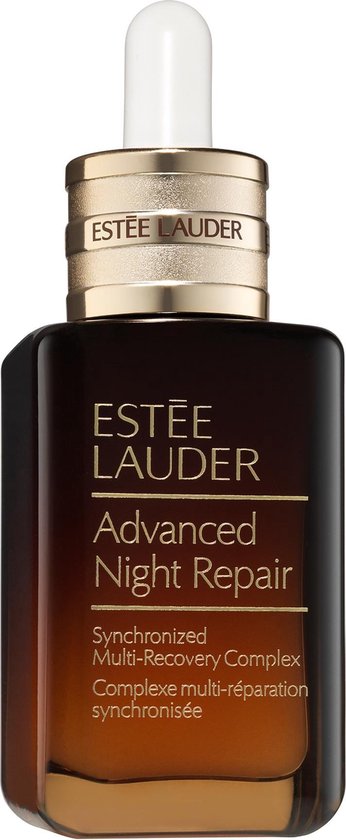 Flesje Estée Lauder Advanced Night Repair serum met druppelaar en gouden band.