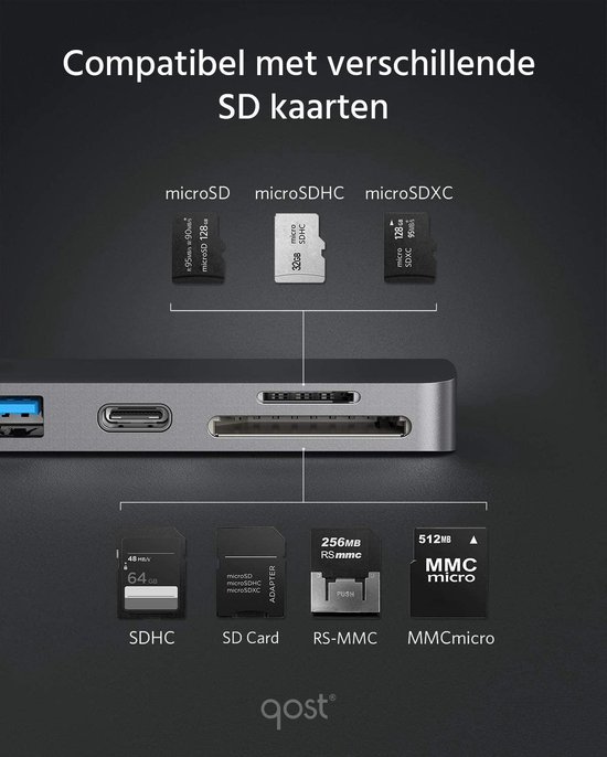 7 in 2 USB C Hub - Adapter voor Macbook Pro/Air- USB C naar HDMI - Thunderbolt 3 - USB 3.0 - Micro SD - Qost®