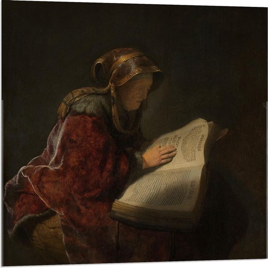 Acrylglas - Oude meesters - Oude lezende vrouw, Rembrandt van Rijn, 1631 - 80x80cm Foto op Acrylglas (Met Ophangsysteem)