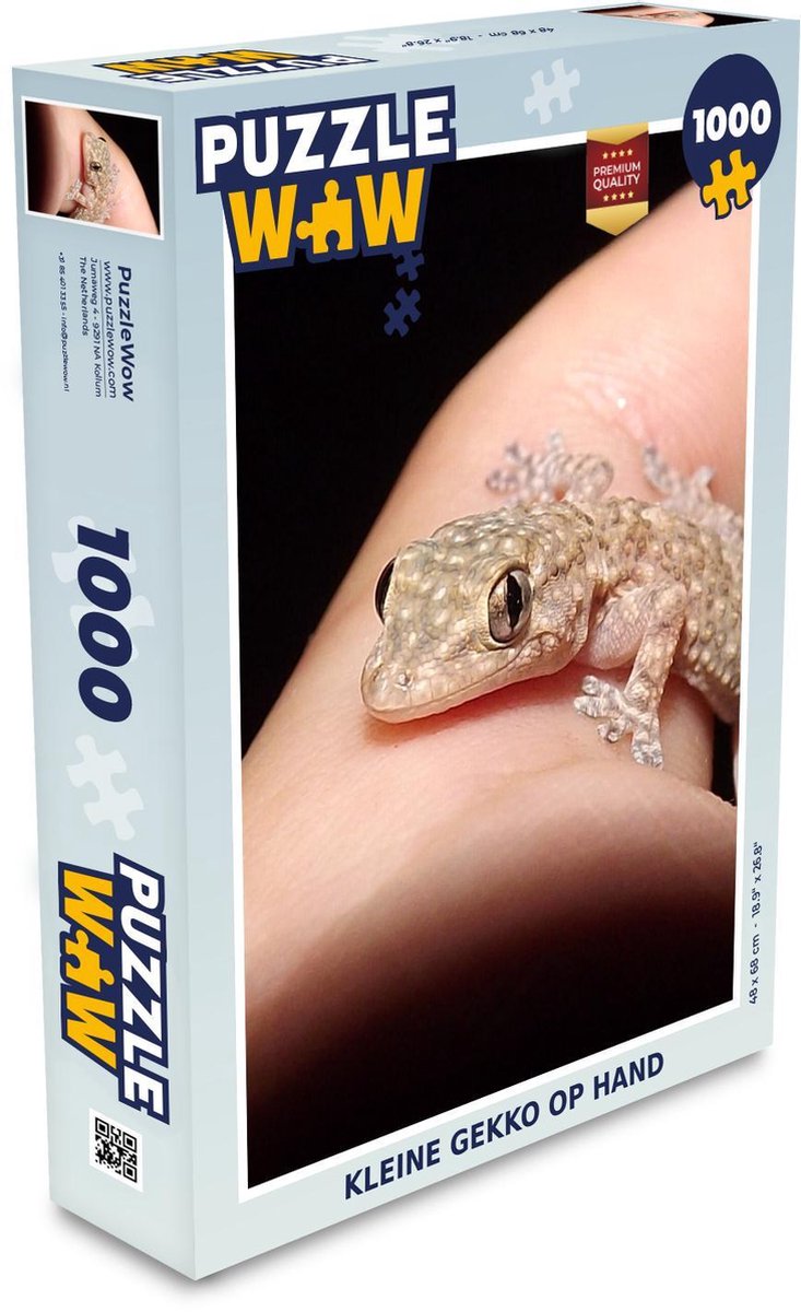 Afbeelding van product Puzzel 1000 stukjes volwassenen Gecko op zwarte achtergrond 1000 stukjes - Kleine gekko op hand - PuzzleWow heeft +100000 puzzels