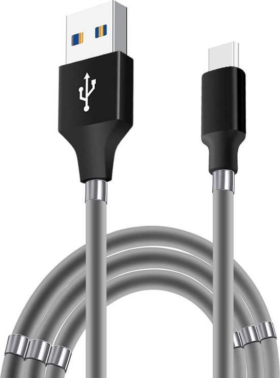 USB Magnetische Data en Oplaadkabel – USB-C – Grijs – Nieuw in Nederland en België! – Zelfoprollend – Superhandig – USB Charging Cable -…