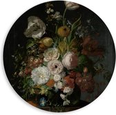 Forex Wandcirkel - Oude meesters - Stilleven: bloemen in een glazen vaas, Rachel Ruysch - 80x80cm Foto op Wandcirkel (met ophangsysteem)