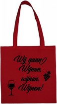 Shopper met opdruk “Wij gaan wijnen wijnen wijnen” Rode tas met zwarte opdruk.