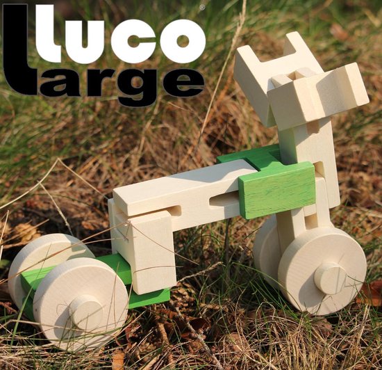 Thumbnail van een extra afbeelding van het spel Luco Large ECO houten speel Blokken, plankjes en WIELEN. Uitbreiding voor #KAPLA. Duurzame constructieset. 36 elementen.
