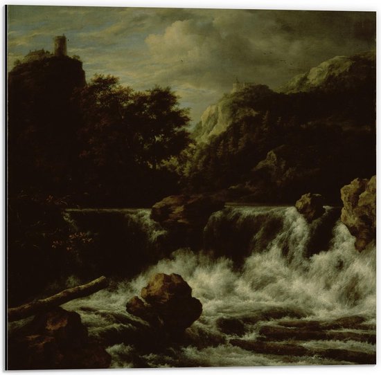Dibond - Oude meesters - Berglandschap met waterval, Jacob Isaacksz v Ruisdael - 50x50cm Foto op Aluminium (Met Ophangsysteem)