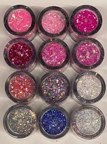 Nail Art/Nagel Glitters/Acryl/Gel/Gezicht/Ogen/Lippen/Lichaam/Diverse Kleuren/Set 12 Stuks x 10 ML