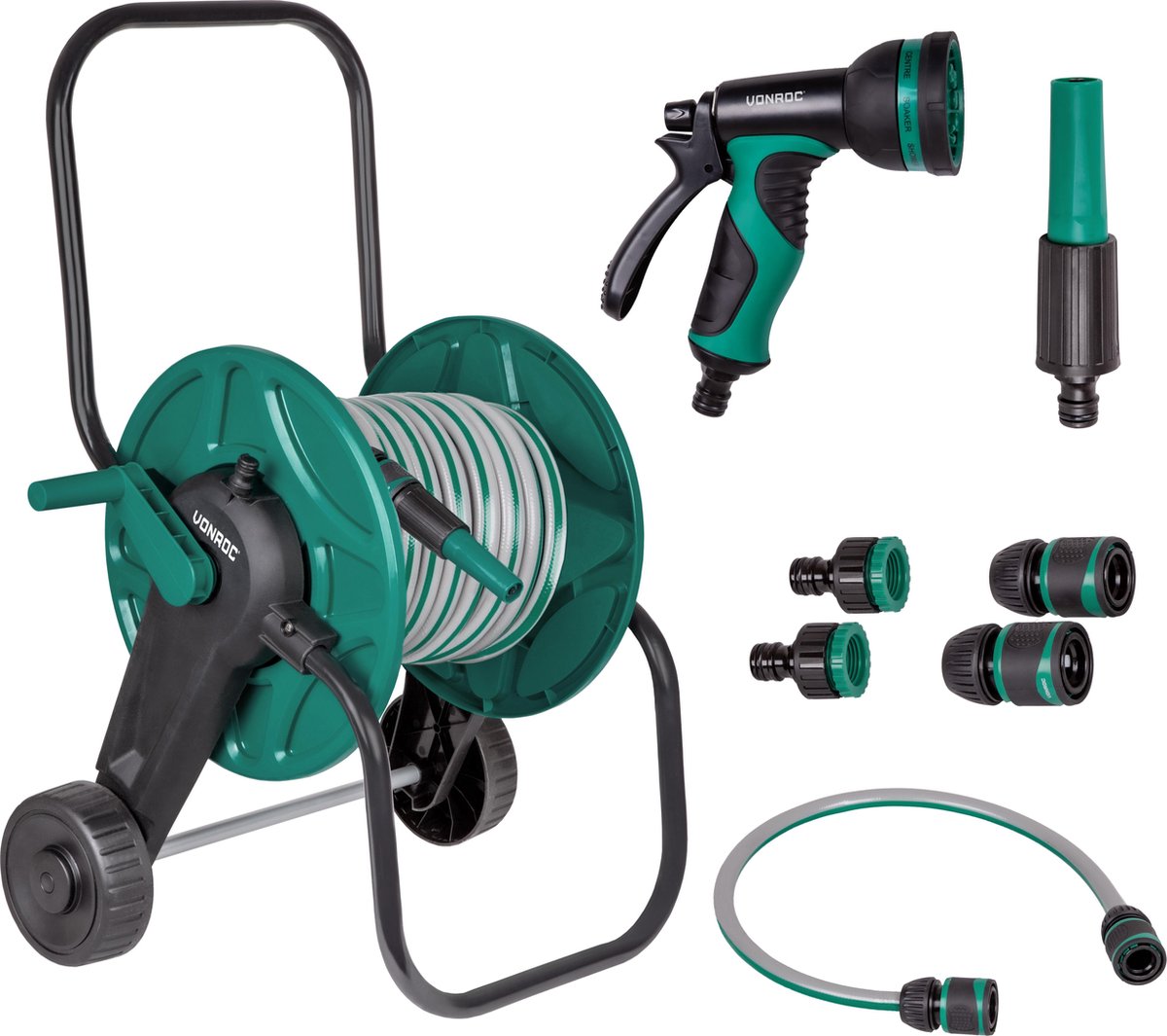 Bol.com VONROC complete slangenwagen set | Incl. 20m tuinslang, 3 sproeistukken, slangkoppelingen en kraanaansluiting aanbieding