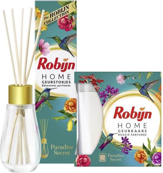 Foto: Robijn paradise secret home care pakket geurstokjes geurkaars voordeelverpakking