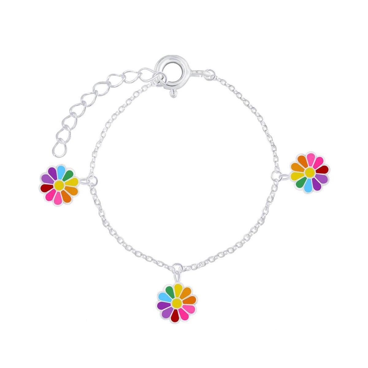 Joy|S - Zilveren bloem bedel armband multicolor 14 cm + 3