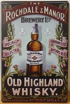 Rochdale en Manor Old Highland Whisky Reclamebord van metaal METALEN-WANDBORD - MUURPLAAT - VINTAGE - RETRO - HORECA- BORD-WANDDECORATIE -TEKSTBORD - DECORATIEBORD - RECLAMEPLAAT -