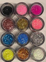 Nail Art - Nagel Glitters - Acryl - Gel - Gezicht - Ogen - Lippen - Lichaam - Diverse Kleuren - Set 12 Stuks x 10 ML