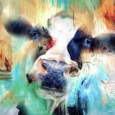 JJ-Art (Glas) 100x100 | Vrolijke Friese koe, abstract in kleurrijke olieverf look | Nederland, Friesland, dier, rood, blauw, geel, groen, vierkant | Foto-schilderij-glasschilderij-