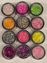 Nail Art - Nagel Glitters - Acryl - Gel - Gezicht - Ogen - Lippen - Lichaam - Diverse Kleuren - Set 12 Stuks x 10 ML
