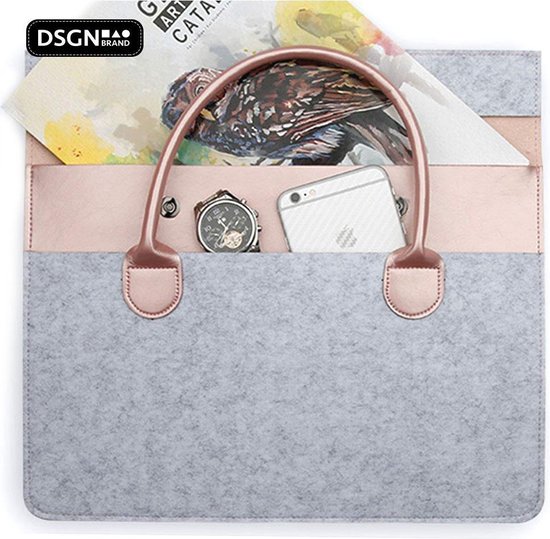 DSGN CARRY - Laptoptas 14 inch - Notebook - Chromebook - Laptop Sleeve Hoes Case Tas - Laptophoes - Handvat - Vilt - Vilten - Leer - Grijs - Roze - DSGN BRAND