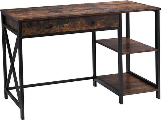 Computertafel met lade en planken - Tafel met X-poten - Vintage -  Industrieel -... | bol.com