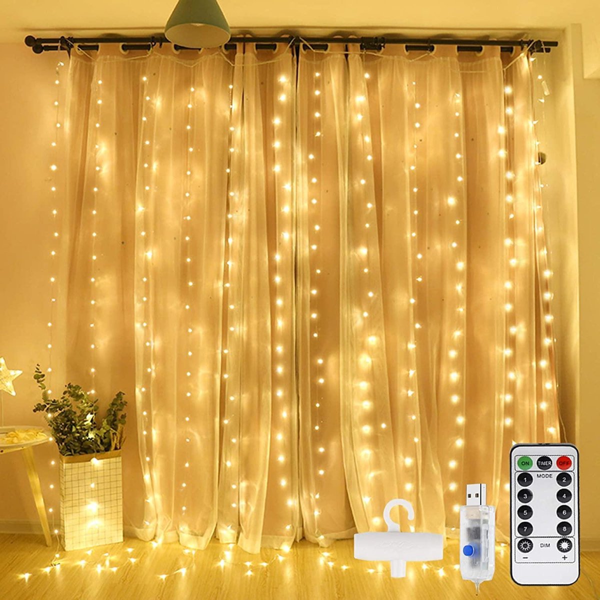 Led-lichtgordijn, 3 m x 3 m, 300 leds, USB-lichtketting, 8 modi, met afstandsbediening, IP65 waterdi