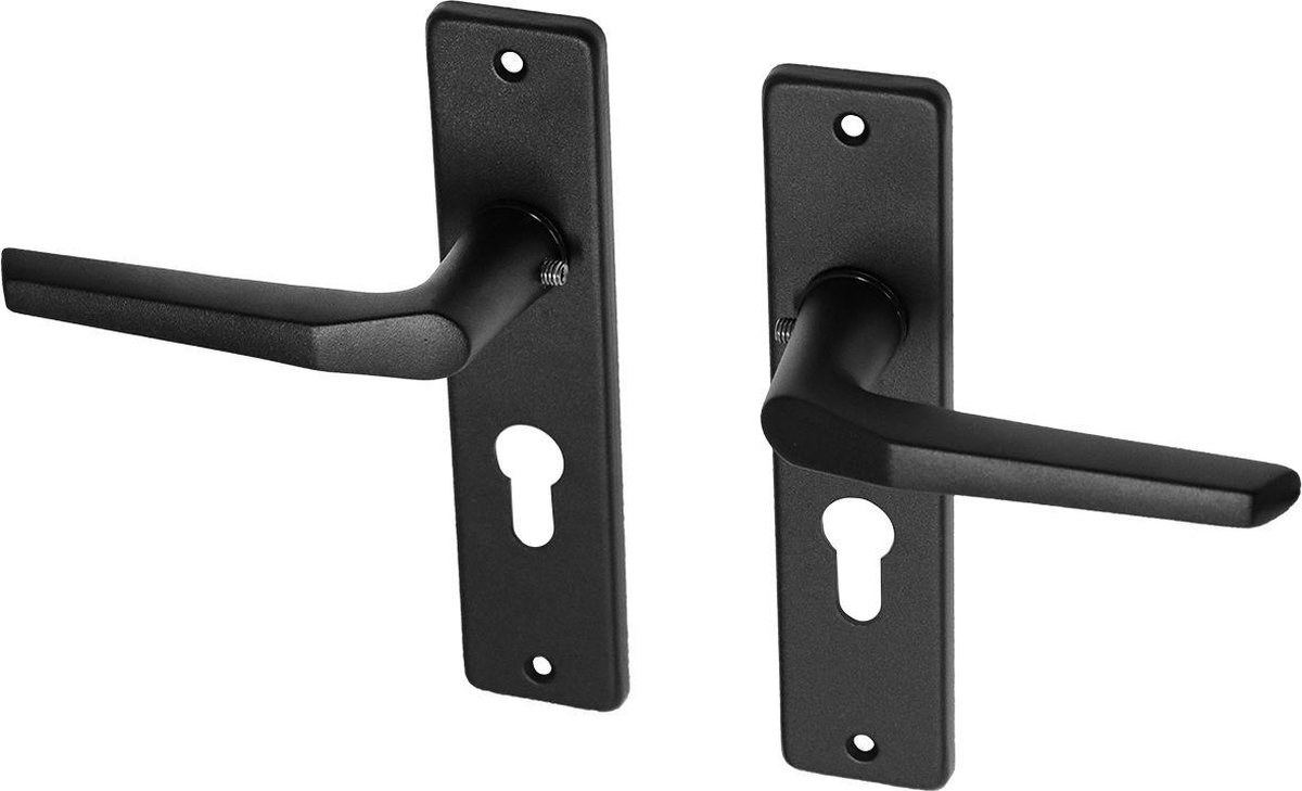 Zwarte deurklinken met schild PC55 aluminium duimmodel | Per Set