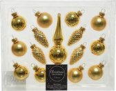 Gouden glazen kerstballen en piek set voor mini kerstboom 15-dlg - Kerstversiering/kerstboomversiering goud