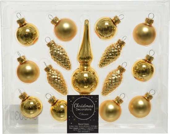 Gouden glazen kerstballen 3 cm en piek set voor mini kerstboom 15-dlg -...  | bol.com
