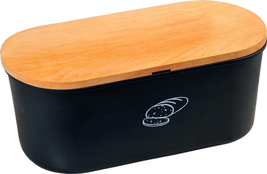 Zwarte broodtrommel met houten snijplank deksel 18 34 x - Keukenbenodigdheden... | bol.com