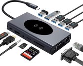 DrPhone MD6 - 13 in 1 - USB-C Hub - Dock - Extra poorten - Tot 3 schermen + Draadloze Laadoptie - 4K HDMI/VGA/Ethernet/Draadloos Opladen/PD/USB & AUX