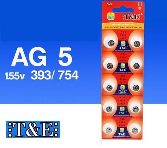 Batterijen AG5 Alkaline 10 stuks / knoopcel batterij / ook genoemd als LR48, AG5, LR754, 193, G5, GP93A, 393, SR754W, 393A, 48LR