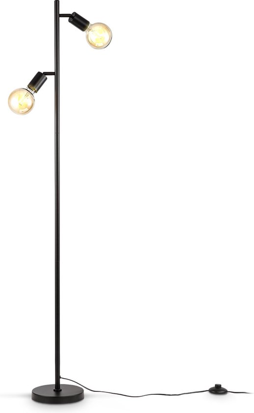 B.K.Licht - Industriële Vloerlamp - voor binnen - voor woonkamer - zwarte staande lamp - staanlamp - metalen leeslamp - draaibar - met 2 lichtpunten - E27 fitting - excl. lichtbronnen