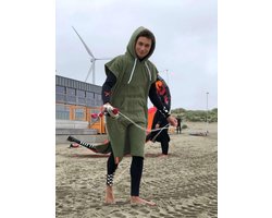 Badstof Surfponcho Olijfgroen S/M - met Capuchon - 100% Katoen, 450 gr/m2 - Unisex - Dames & Heren - Poncho - Badcape -Surf Accessoires