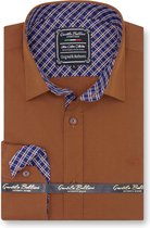 Heren Overhemd - Slim Fit - Ruiten Contrastbeleg - Bruin - Maat XL